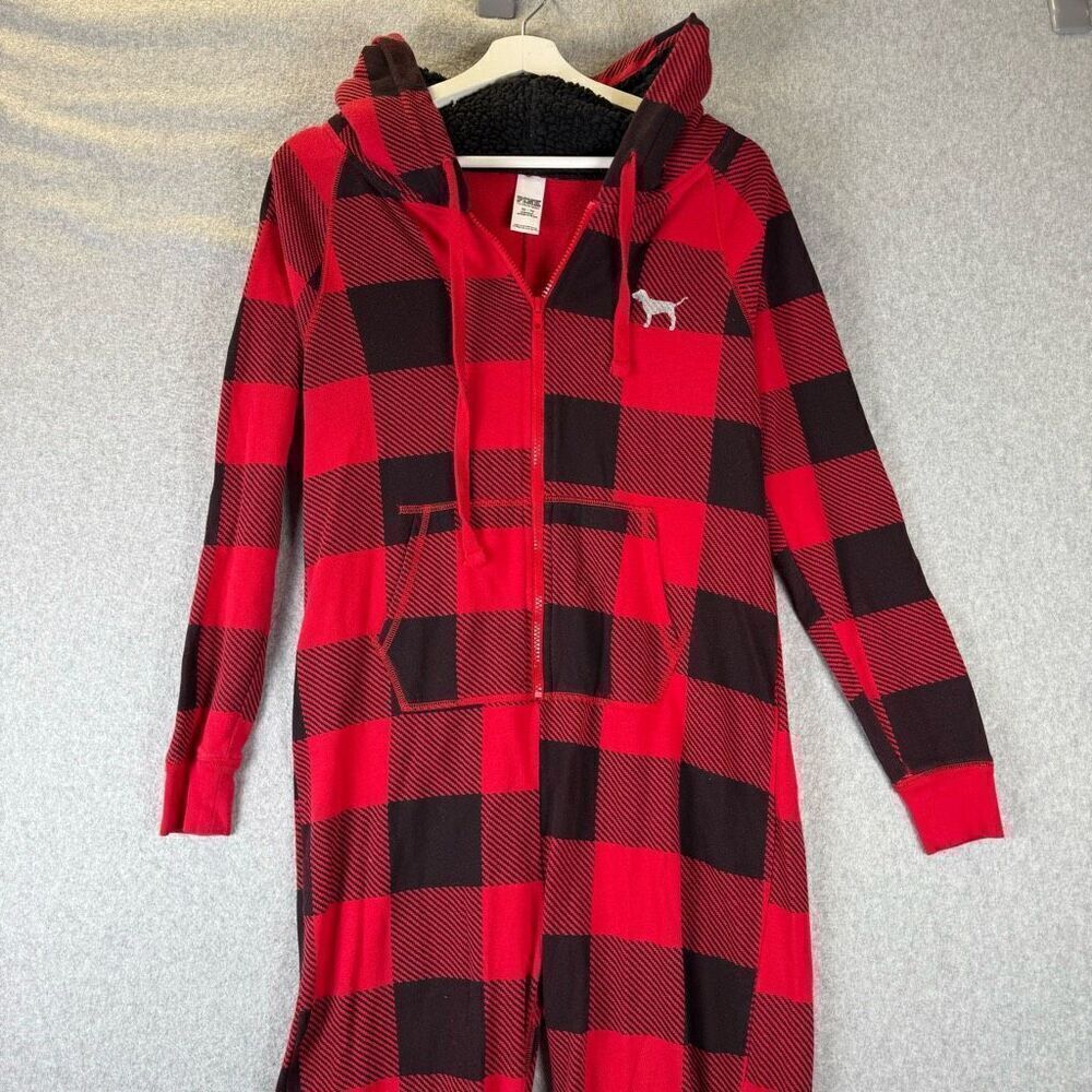Pink Victorias Secret Womens XS Zip Up Hooded One Piece Pajamas Red Black Plaid
